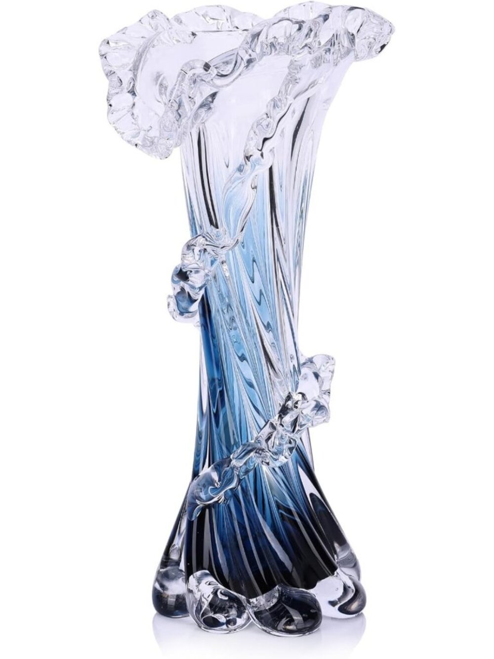 Unique Hand Blown Blue Glass Vase - Coastal Home Decor, 11.8" Tall, Artful